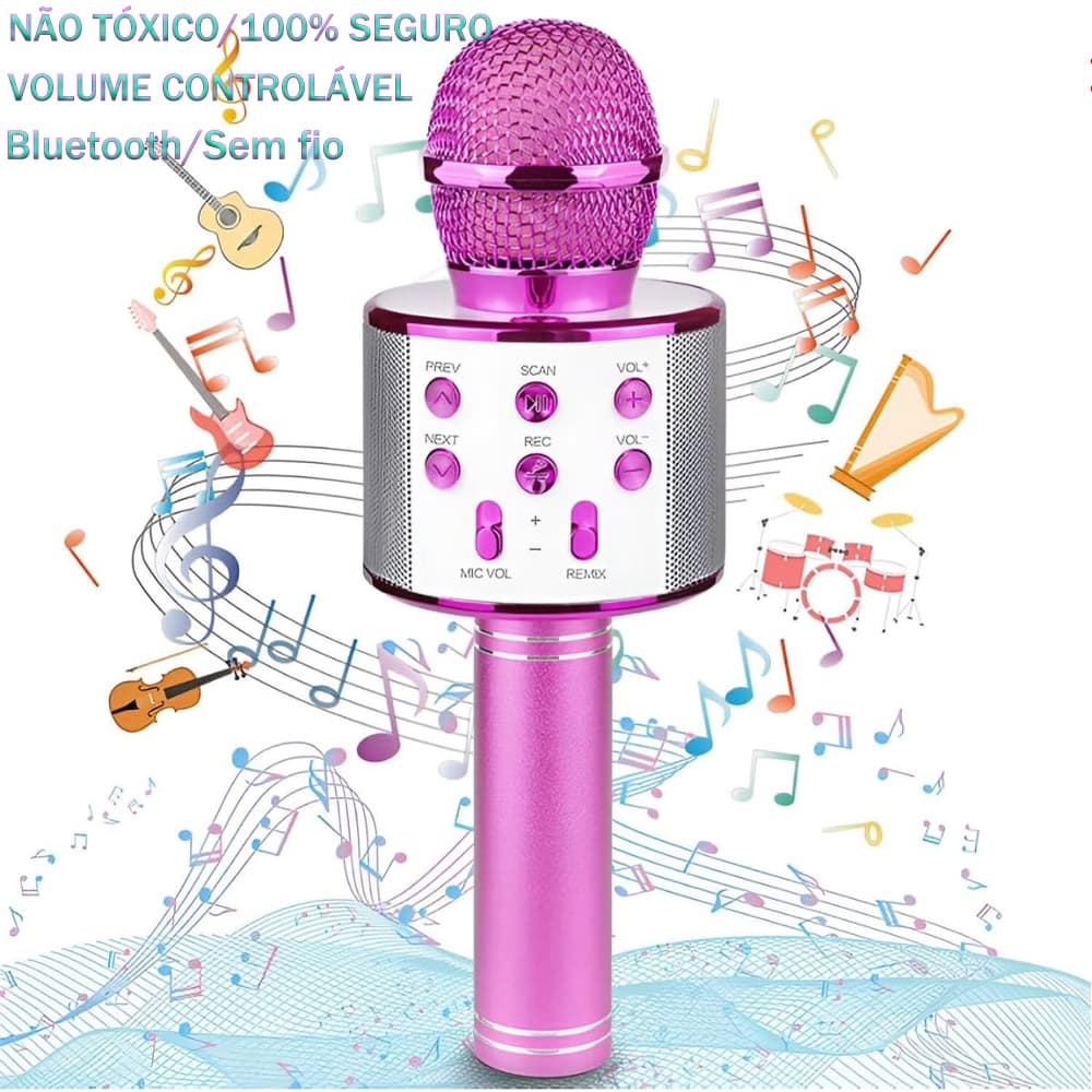 Microfone Infantil WS-858 - Karaokê Sem Fio c/ Bluetooth e Efeitos de Voz - Brinquedo Educativo