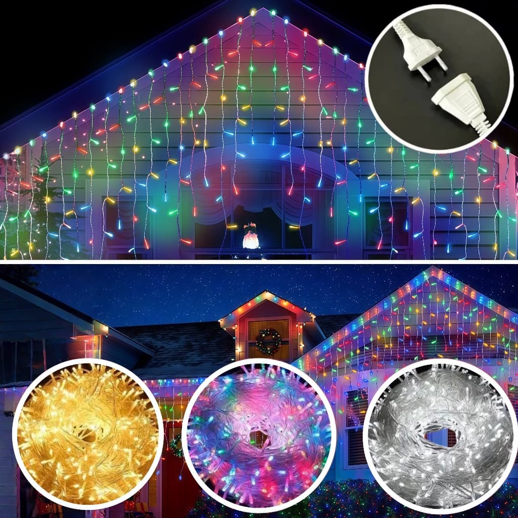 Cascata Strobo 8 Fixo 1 Peixes 400Led 10m Externa Conector Macho Femea Bivolt A Prova Dagu Natal