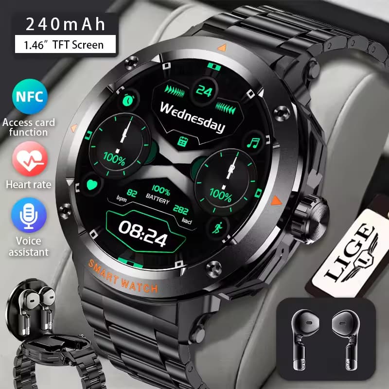 LIGE Relógio Inteligente Com TWS 2 Em 1 Fone De Ouvido Sem Fio Bluetooth Chamada Freqüência Cardíaca Saúde Música Relógi