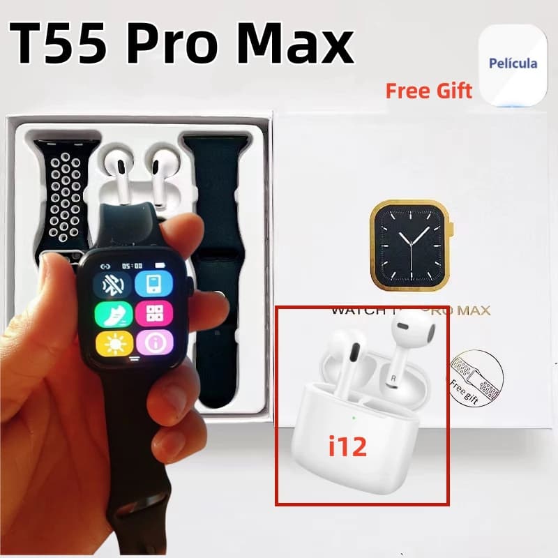 Fone De Ouvido T55 Pro Max Smart Watch TWS 2 Em 1 BT Chamada Reloj 1.7 Polegadas