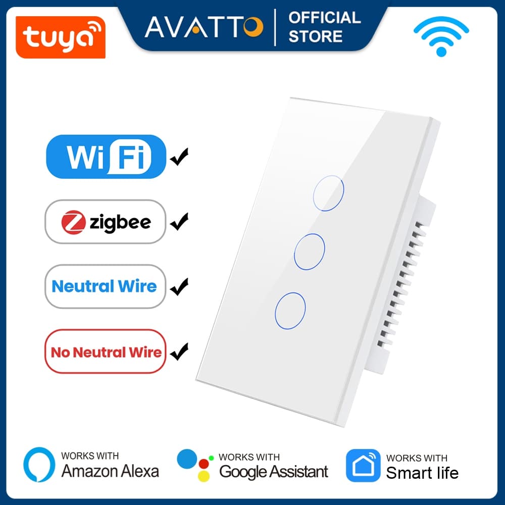 AVATTO TUYA WiFi/Zigbee interruptor inteligente Preto Branco 1 2 3 4 Botões com Neutro tomada touch wall switch smar