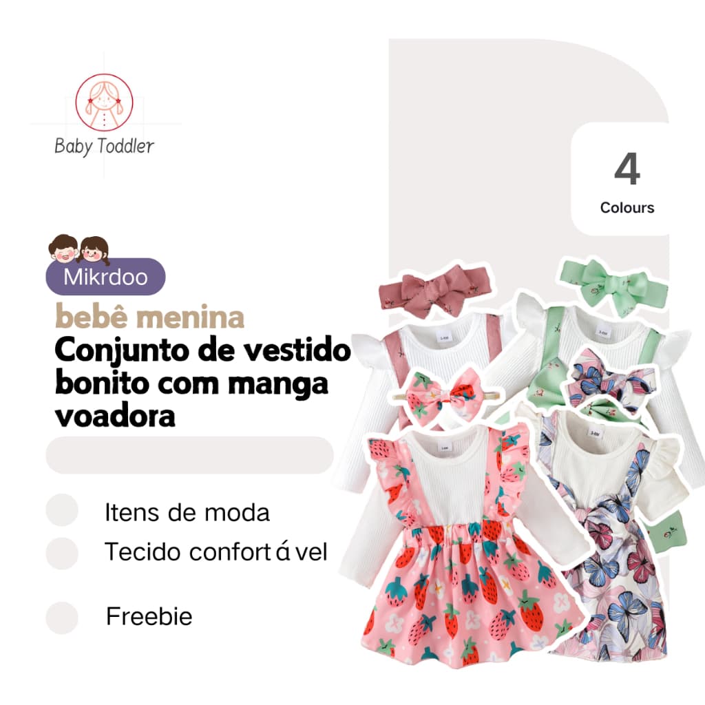 0-2Anos Vestido Longo Rosa De Manga Comprida Para Bebês, Gola Redonda , Emparelhado Com Conjunto De Branco