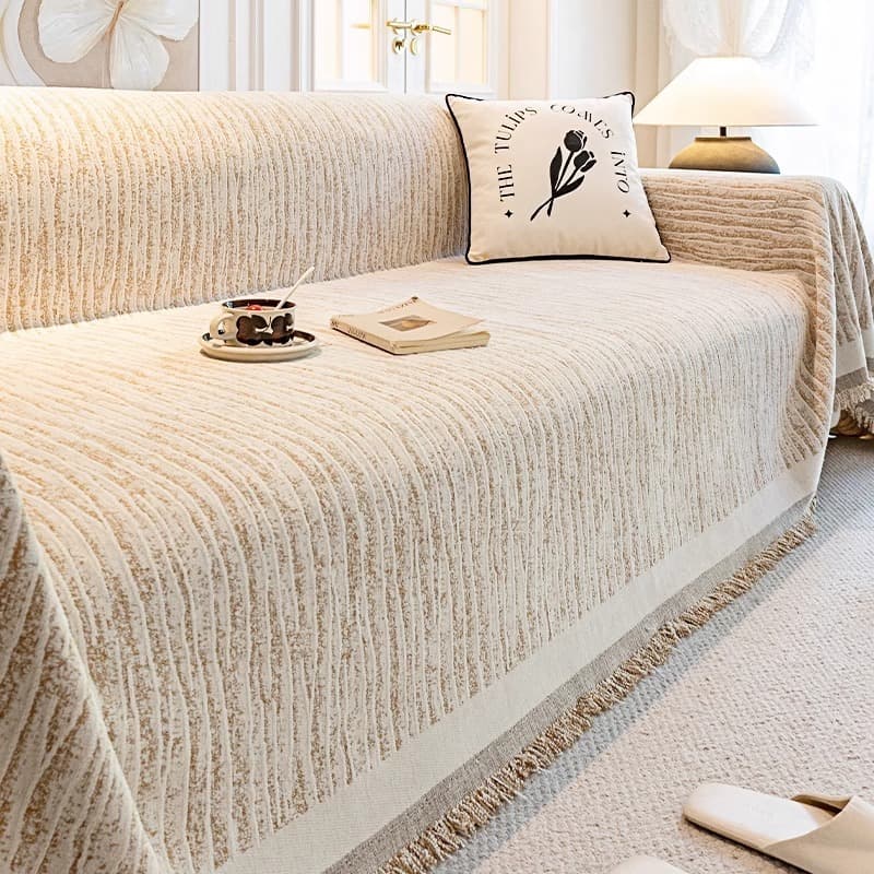 Manta Para Sofa Borlas Listradas Cores Sólidas, Chenille Antiderrapante, Lavável Capa De Sofá 2 E 3 Lugares