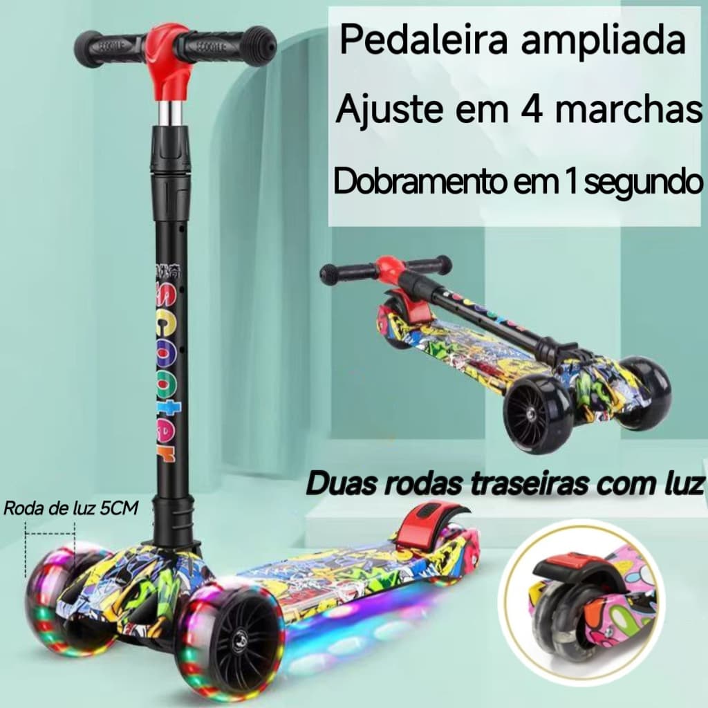 Patinete infantil 4 rodas com led ajustável scooter dobrável menino menina