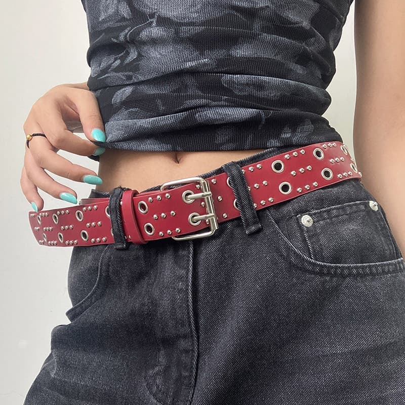Senhoras cinto vermelho Y2k Punk Retro fileira dupla buraco Jeans cinto