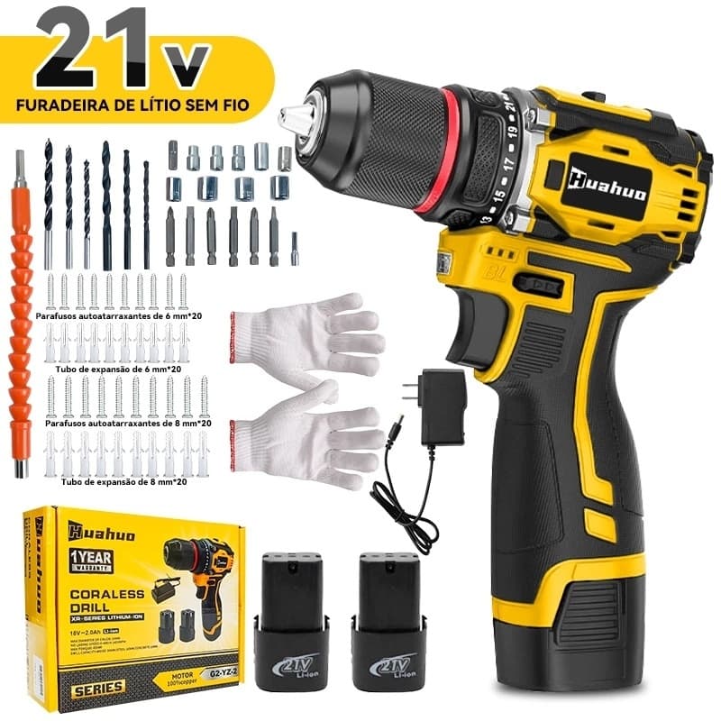 【220V/110V】Furadeira Parafusadeira21V Baterias Sem Fio Impacto Com Maleta Completo Broca Caixa de papelão Maleta Bivolt~