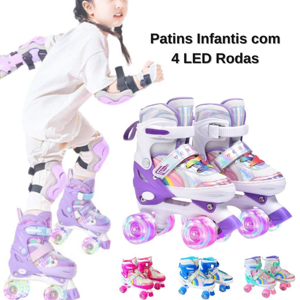 Patins Infantil 4 Rodas LED Ajustável Velcro Seguro Antiderrapante Presente Menina Menino