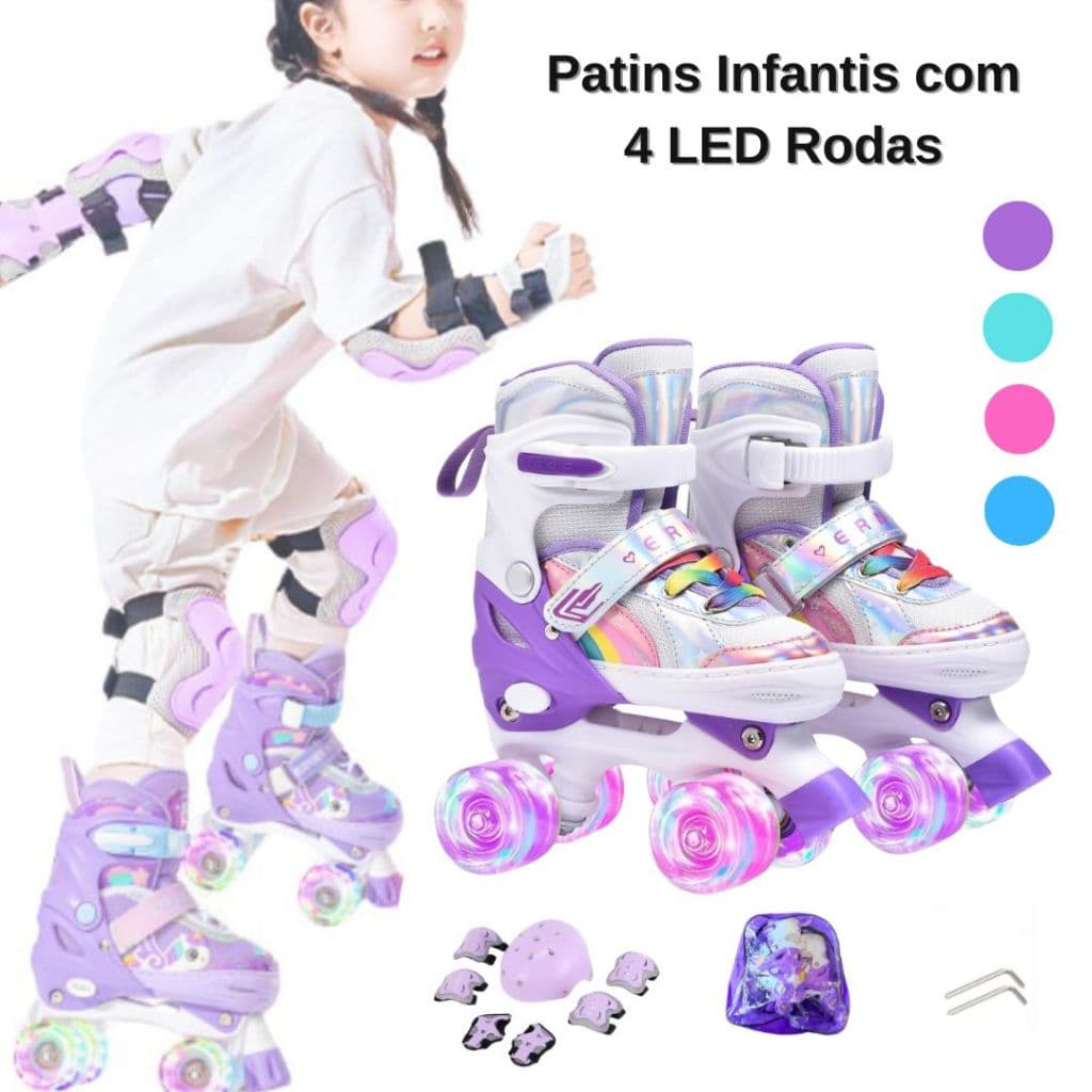 Patins Infantil 4 Rodas LED Ajustável Menino Menina Iniciante com Kit de Proteção Opcional