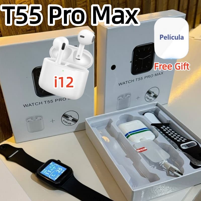 Smartwatch Relógio Inteligente T55 Pro Max Com Fones De Ouvido Conjunto De Venda Quente 2 Alças Chamada Bluetooth Pape