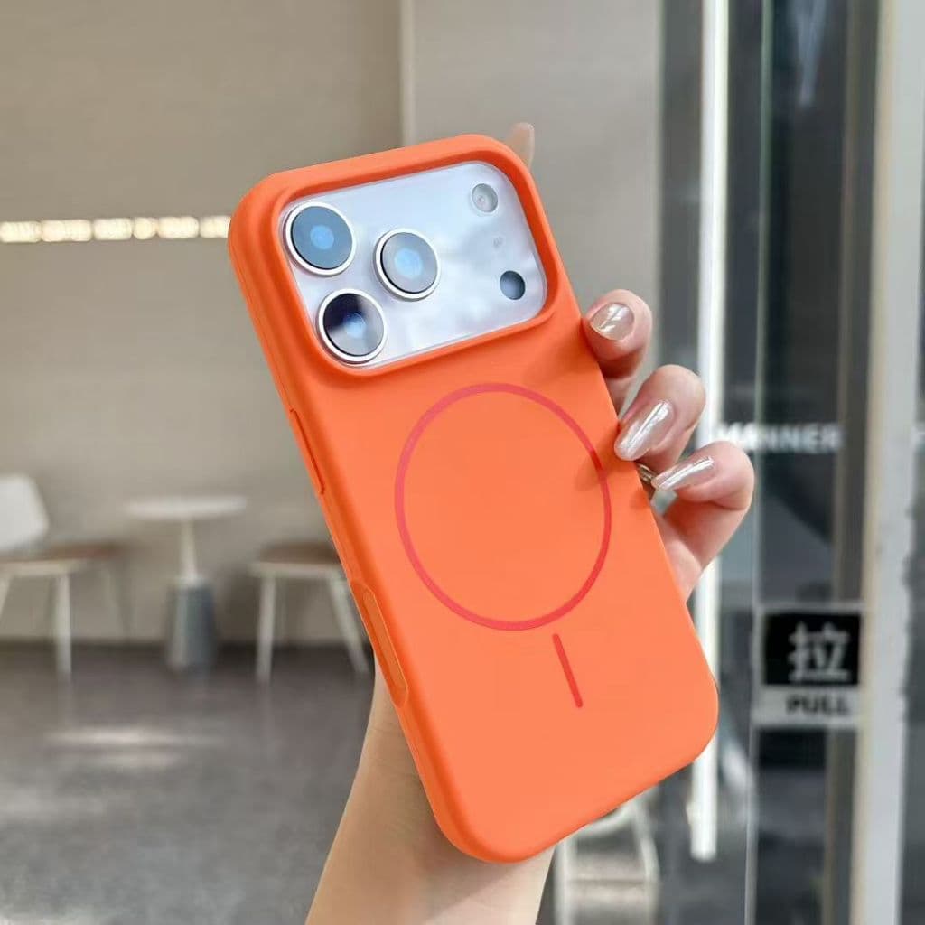 Capa Magnética De Silicone Líquido Laranja Para iPhone 17 Pro Max 15 16E 16 Magsafe Com Botão AI