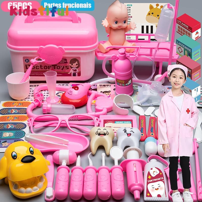 Kit Médico Infantil Completo com Maleta Rosa | Brinquedo Educativo de Dentista e Médico