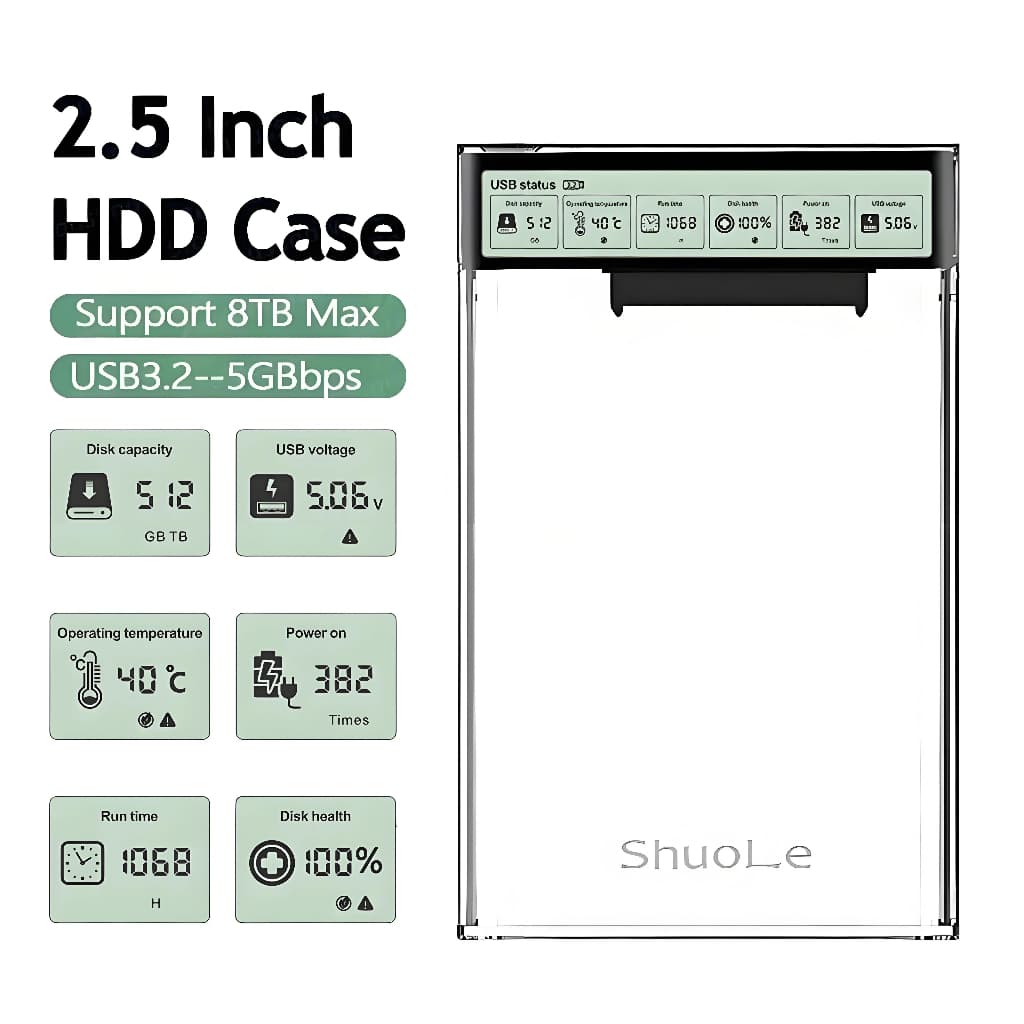 Caixa externa de HDD/SSD de 2,5 pol. com display inteligente, USB 3.2 Gen2, transparente e portátil, para notebook e PC
