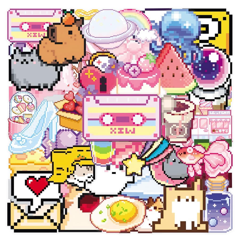 Adorável Estilo Pixel 50 Peças Adesivos Transparentes De Desenho Animado Para Laptop Scrapbook Arte Capacete Adesivo Gra