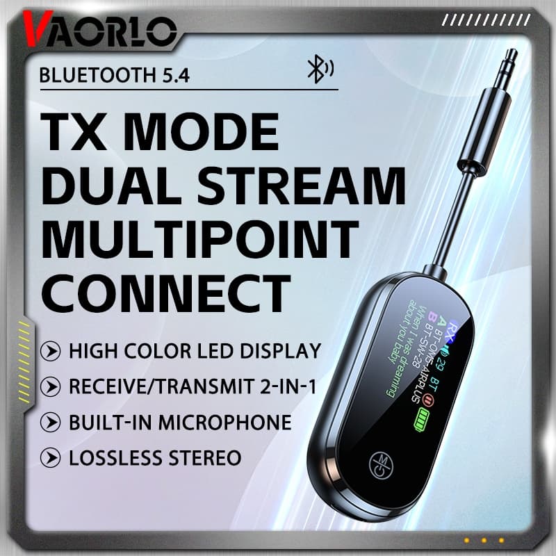 VAORLO Conexão De Dois Pontos Display Digital Bluetooth 5.4 Transmissor Receptor Estéreo 3.5mm AUX Avião Áudio Adaptador