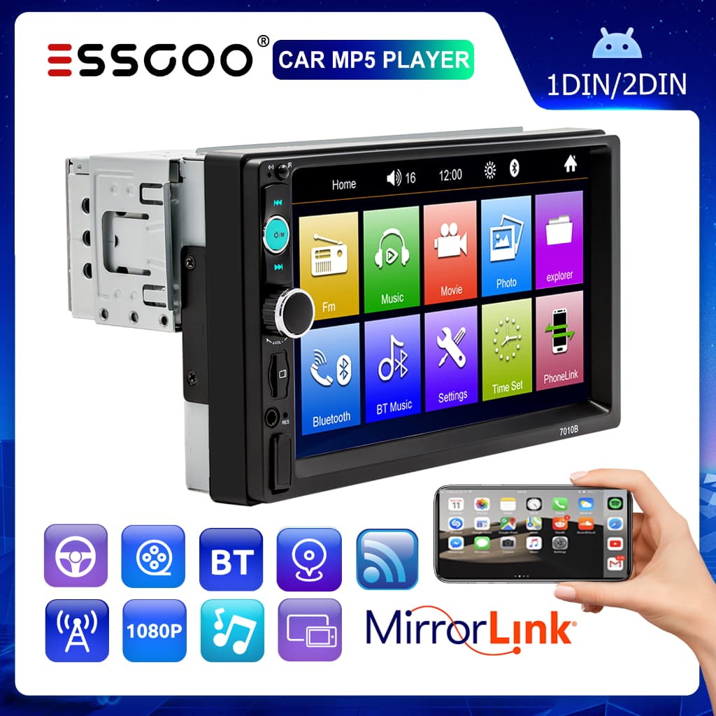 （Envio de São Paulo）ESSGOO 1 din 2 Rádio Para Carro Bluetooth 7 Polegadas Touch Screen Multimídia MP5 Player