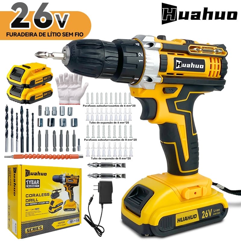 Furadeira Parafusadeira 26V/18V/12V Baterias Sem Fio Impacto Com Maleta Completo Broca Caixa de papelão Maleta Bivolt