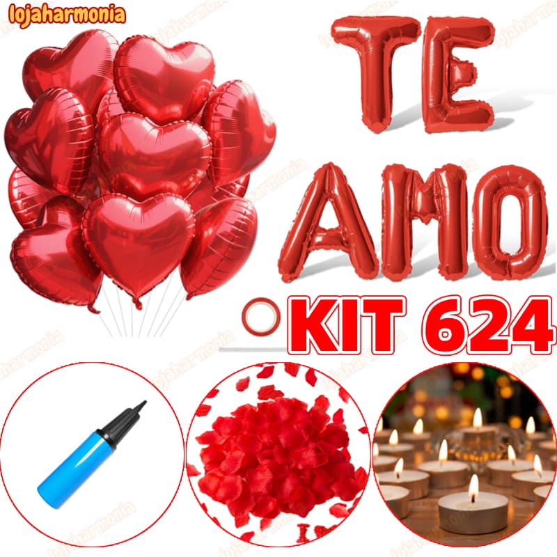 Kit Romântico - 600 Pétalas + 10 Velas + 10 Balões Coração + Balão Te Amo + Fitilho + Bomba-LJ