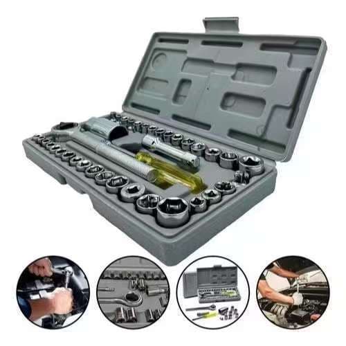 Kit Ferramentas 40 Peças: Soquete, Chave Catraca Dupla Face, Completo para Carros e Motos