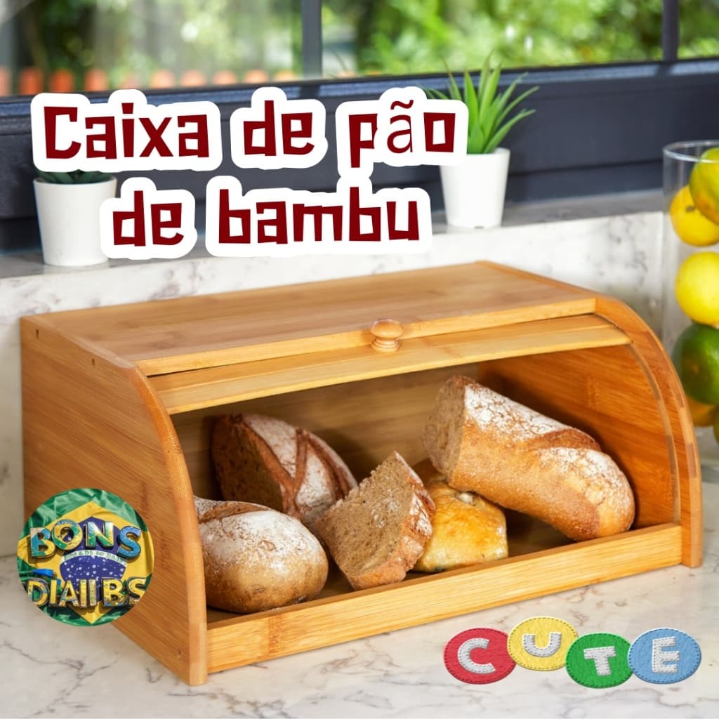 Porta Pão Bambu Com Tampa Retrátil Perfeita Para Armazenar Pães Bolachas Resistente