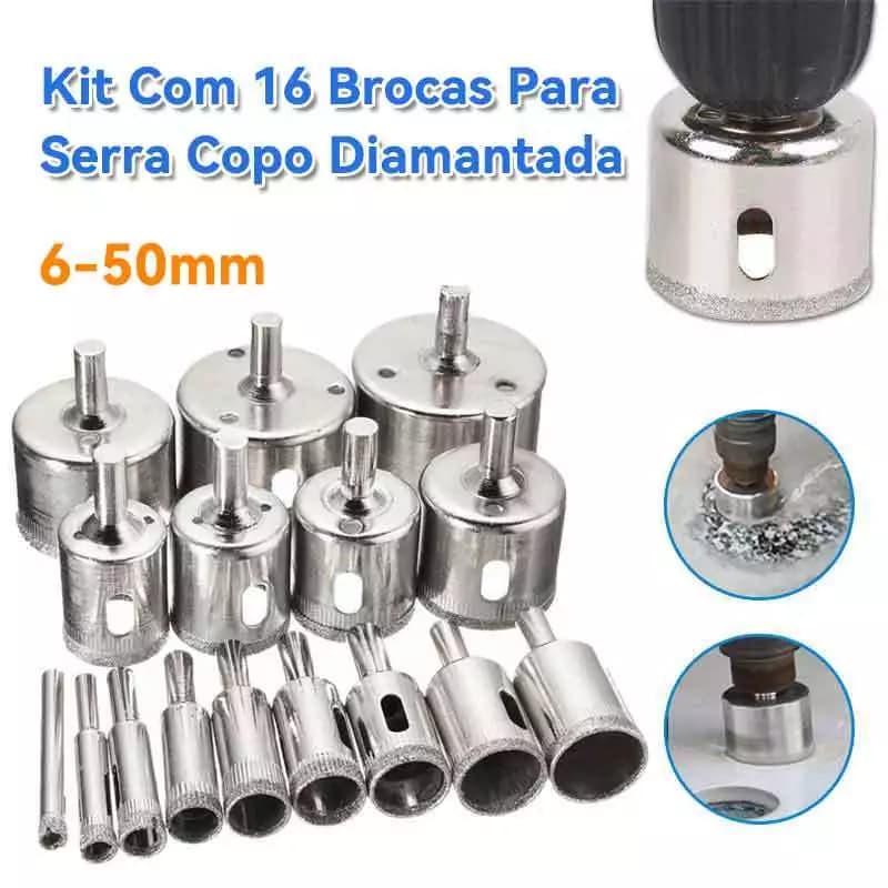 Jogo 16 Brocas Diamantadas Serra Copo furar Vidro Granito Ceramica 6 a 50 mm kit ferramentas