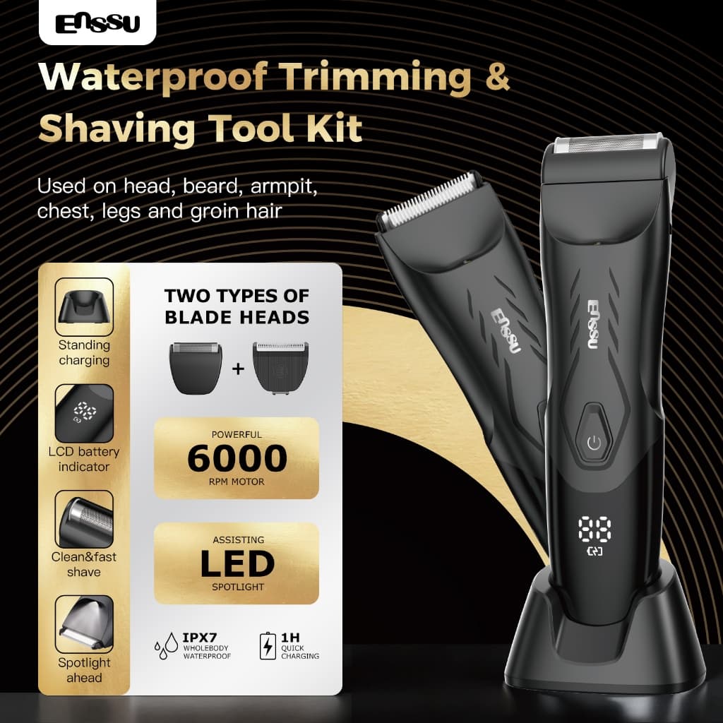 Máquina de Cortar Pelos Masculina Recarregável Impermeável Luz LED de Precisão