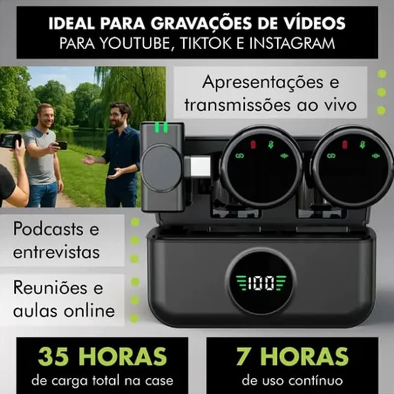 Microfone de lapela redondo magnético sem fio preto microfone duplo Anti-ruído adequado para iPhone/Android