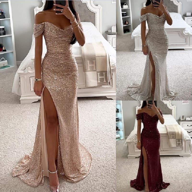Vestido Feminino Com Fenda De Lantejoulas E Ombro De Fora , Longo Para Festa À Noite
