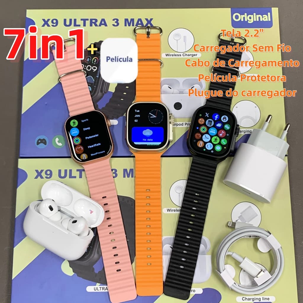 【Entrega local em 12 horas】X9 Ultra3 2025 Novo smartwatch MAX 2.2 Polegadas Vem Cabeça De Carregamento E Fones De Ou