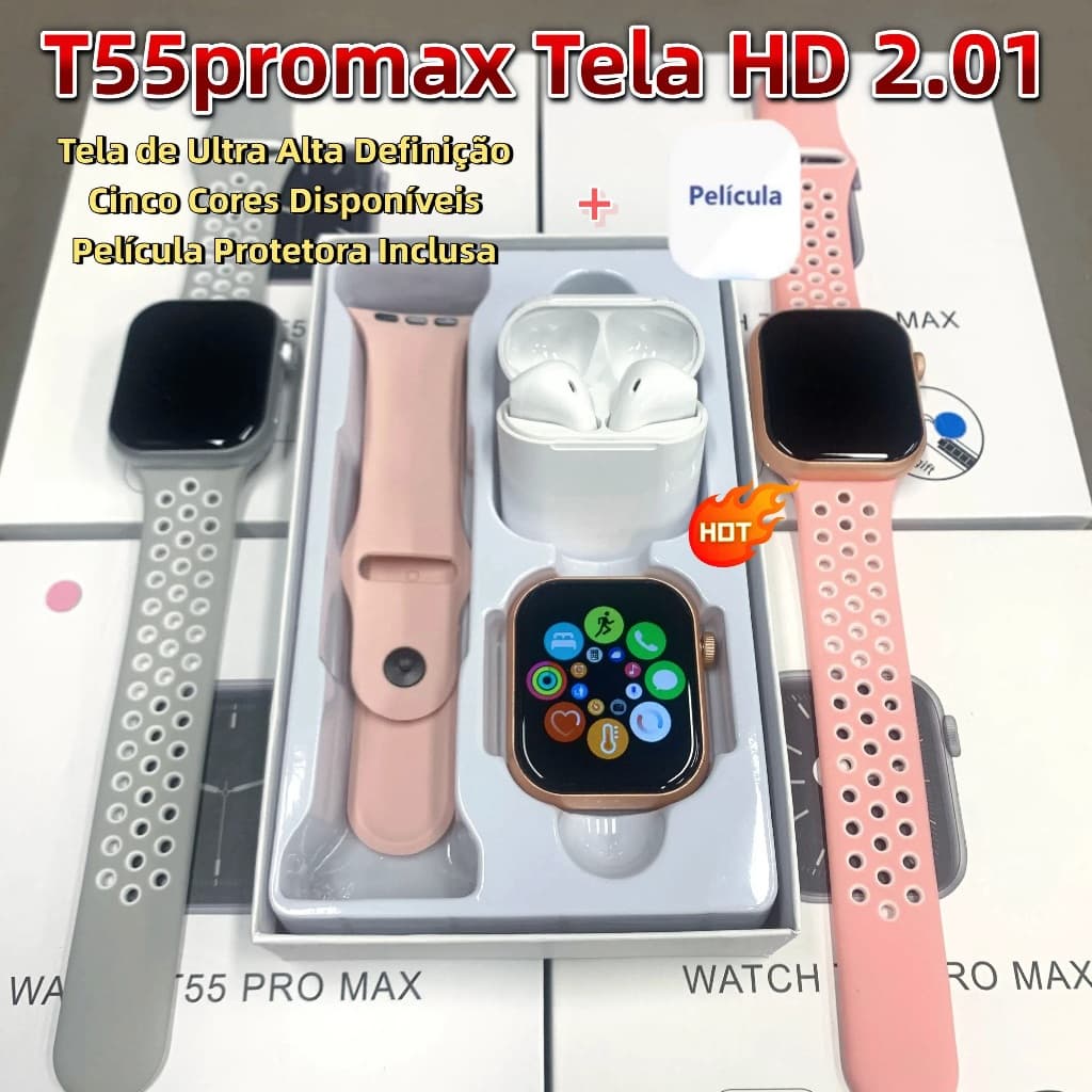 【Entrega local】T55 Pro Max Smartwatch Relógio Com 4 Fones De Ouvido Conjunto Venda Quente 2 Alças Bluetooth Chamada