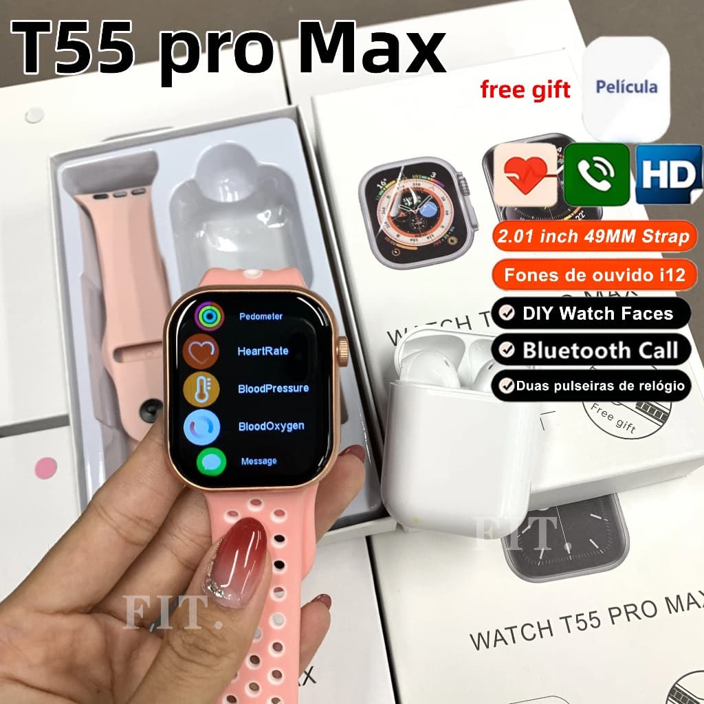 【Regalo combinado i12】2025 Novo T55 UM & PM Smartwatch À Prova D'água Bluetooth Pressão Arterial Monitor De Frequên
