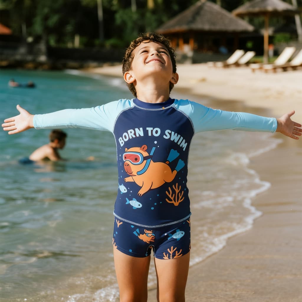 Fato de banho infantil - protetor solar de manga comprida + Shorts, impressão infantil, combinação de cores contrastante
