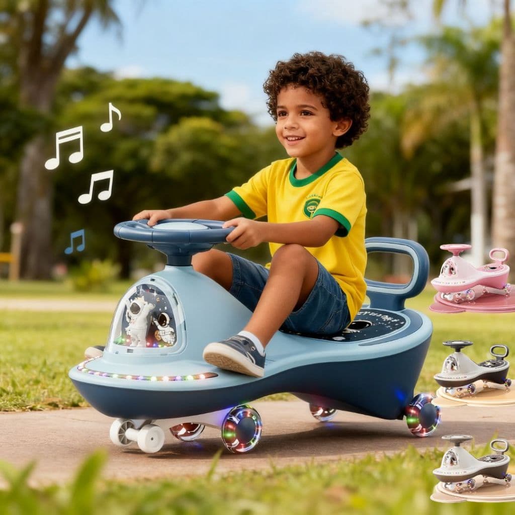 Carrinho de Rolimã Infantil Musical com Luzes LED Volante 360° Seguro Antiderrapante Menino Menina