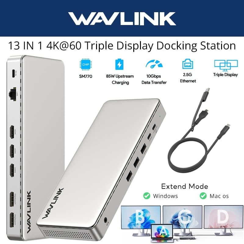 WAVLINK 13 Em 1 Estação De Acoplamento Tripla 4K @ 60 Hz Com PD De 85 W , 3 * HDMI + 2 * DP USB , Ethernet RJ45 , Entrad
