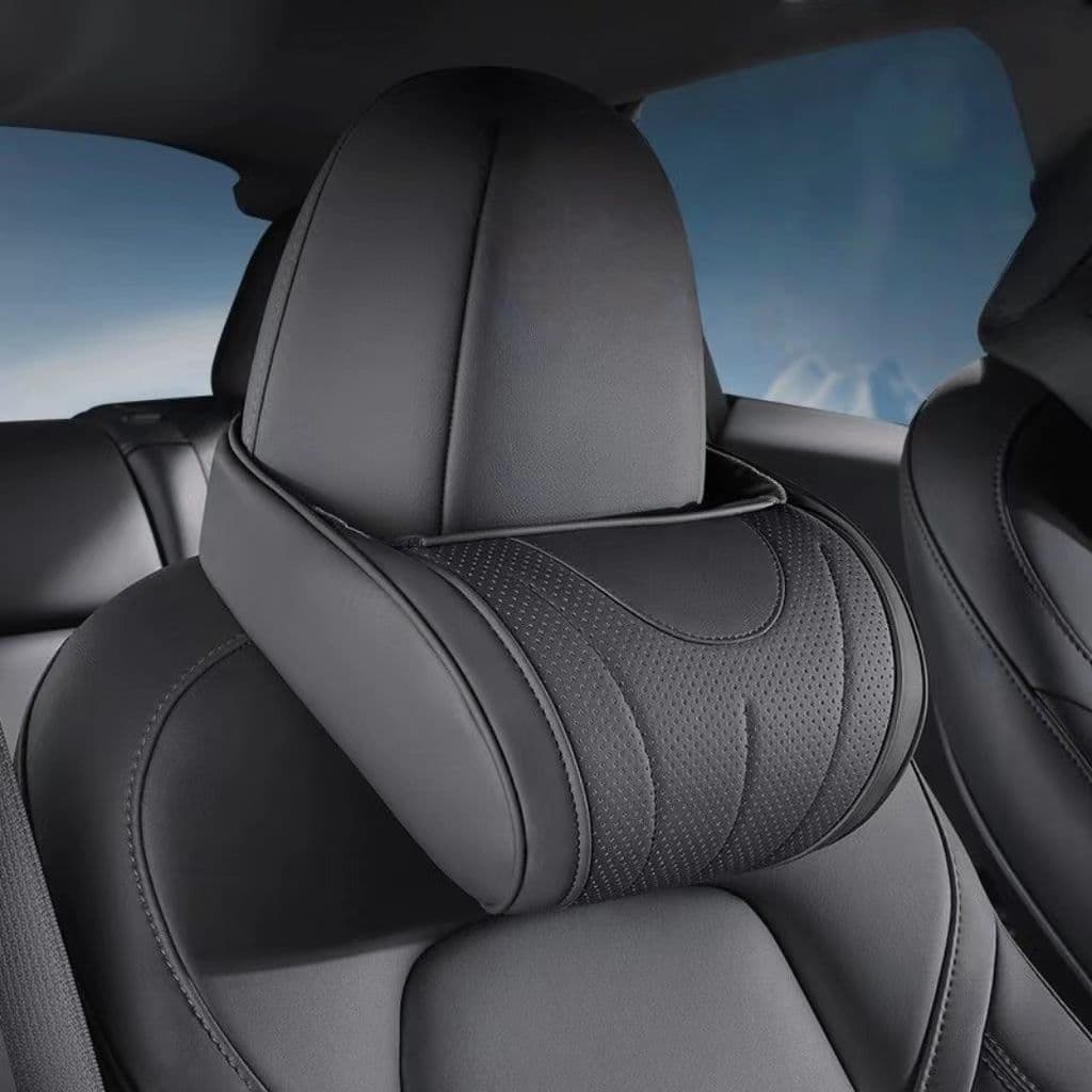 Encosto de cabeça do carro couro + espuma memória pescoço travesseiro almofada assento carro confortável respirável quat