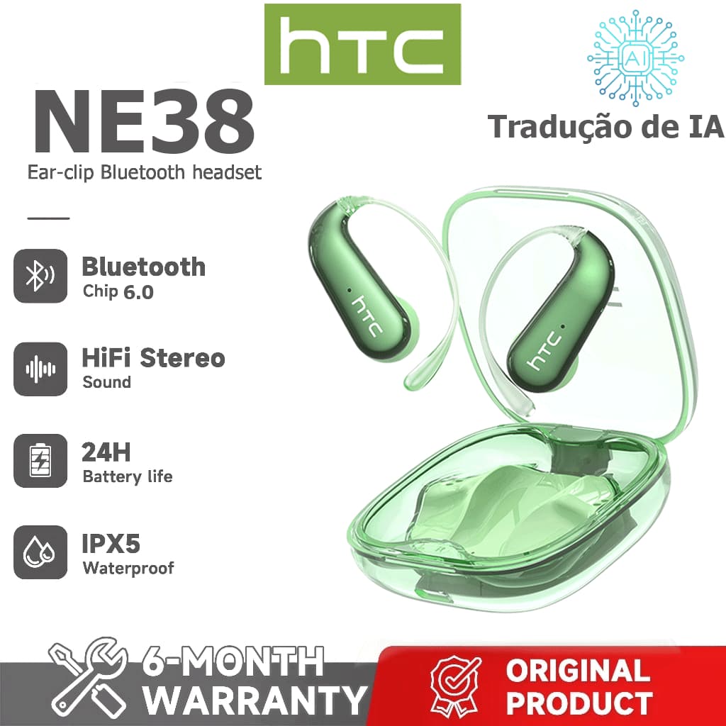 Garantia de um ano HTC NE38 AI Tradução Tradução em tempo Real TWS Fone de ouvido Bluetooth Bluetooth 6.0 HiFi Qualidade