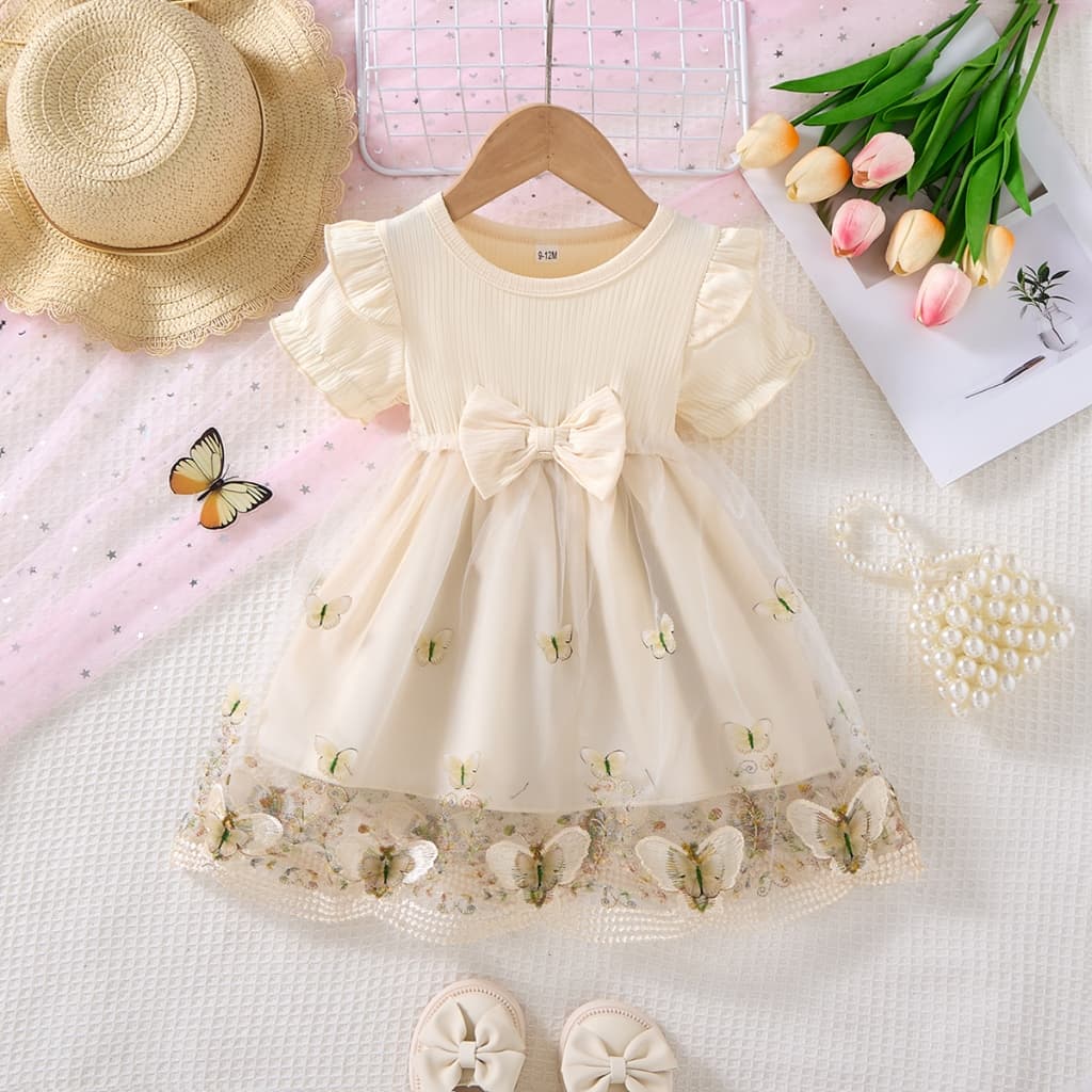 Vestido Infantil Bebê 6 a 36 Meses Manga Curta Borboleta Tule Rosa Bege Roxo Várias Cores Vestido de Festa Batizado