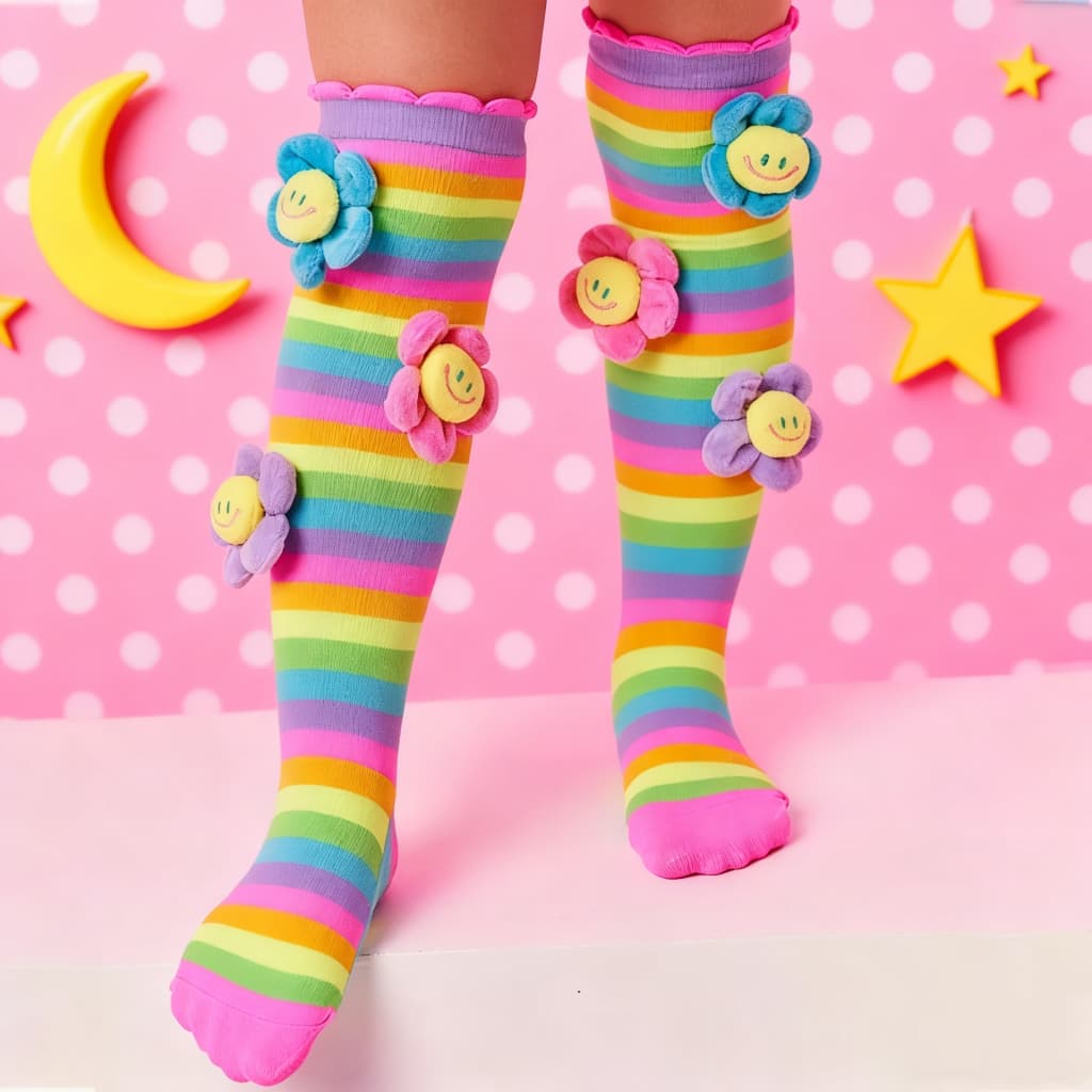 Meia 3D Flor Arco-íris Maluca Meias Divertidas Cano Alto Infantil Menina