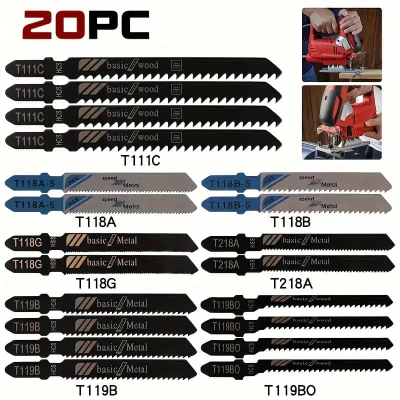 20 peças  Conjunto universal de lâminas de serra tico-tico para madeira, plástico e metal