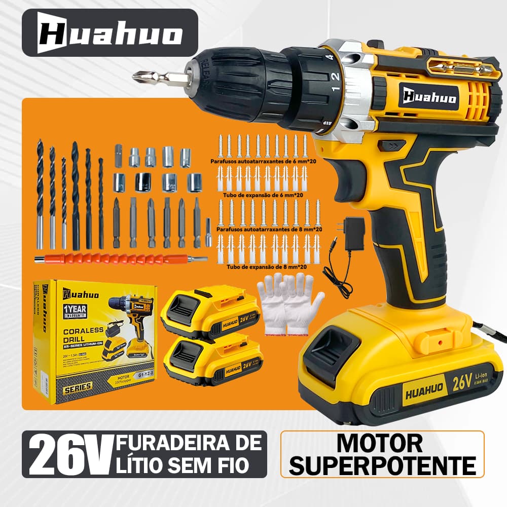 Furadeira Parafusadeira 26V/21V/12V 2 Baterias Sem Fio Impacto Com Completo Broca Maleta
