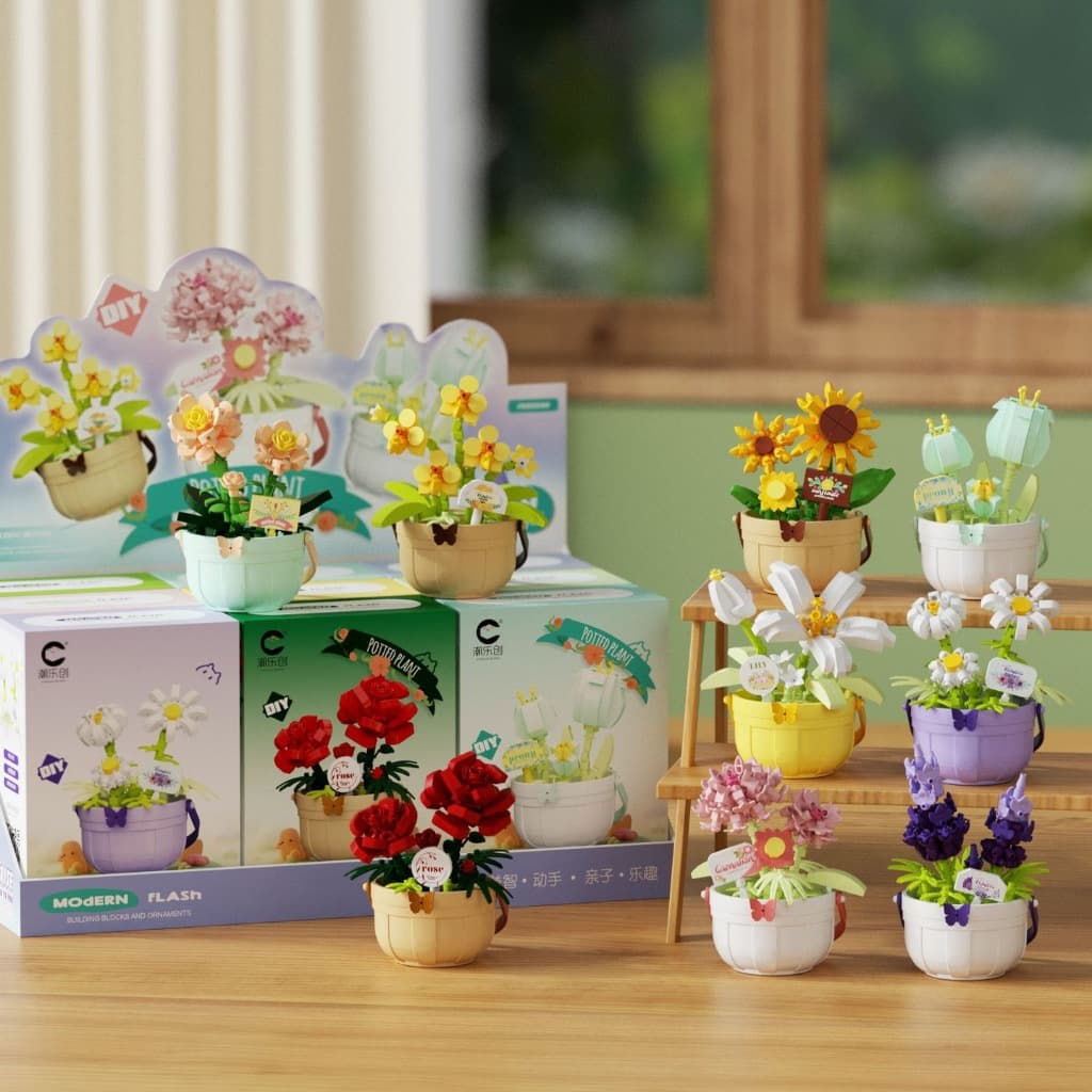 9 Pçs/set Cesta De Flores Suculentas Blocos De Construção Quebra-Cabeça Infantil Montagem Pingente Presente