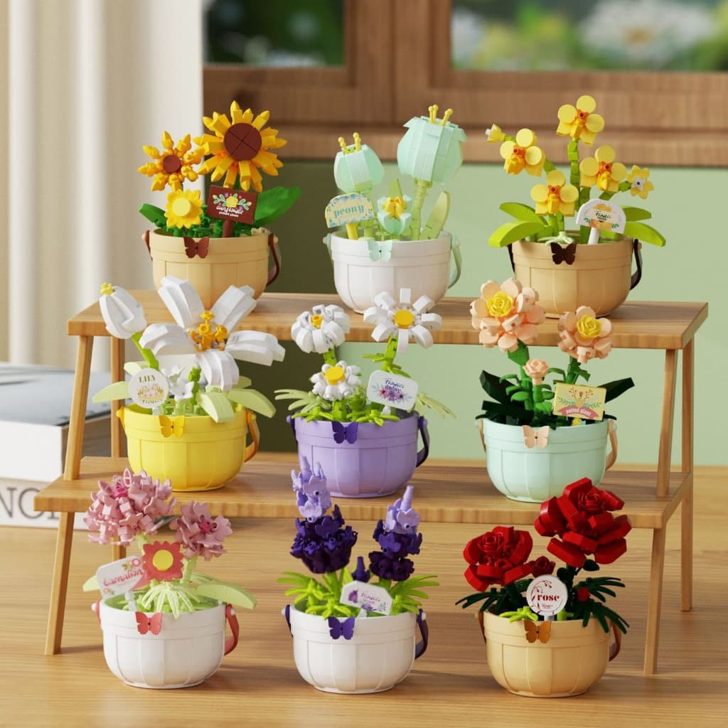 Bloco De Construção Flor Vaso Suculento Cesta De Flores Ornamento Rosa Girassol Quebra-Cabeça Infantil Brinquedo Menina