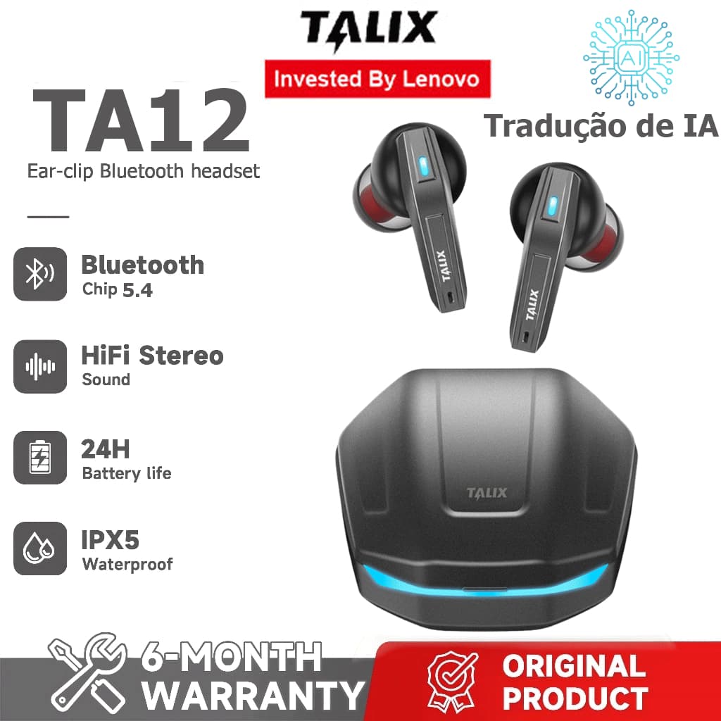 Garantia de um ano Lenovo TALIX TA12 AI Tradução Tradução em tempo Real TWS Fone de ouvido Bluetooth Bluetooth 6.0 HiFi