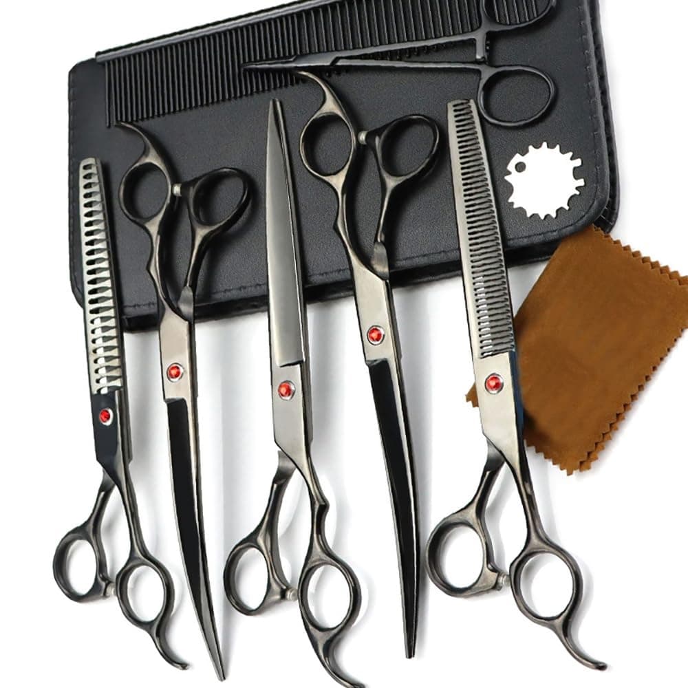 7 PCS Pet Tesoura De Corte De Cabelo, Galvanizado Preto Tesoura De Corte De Cabelo Set para Groom