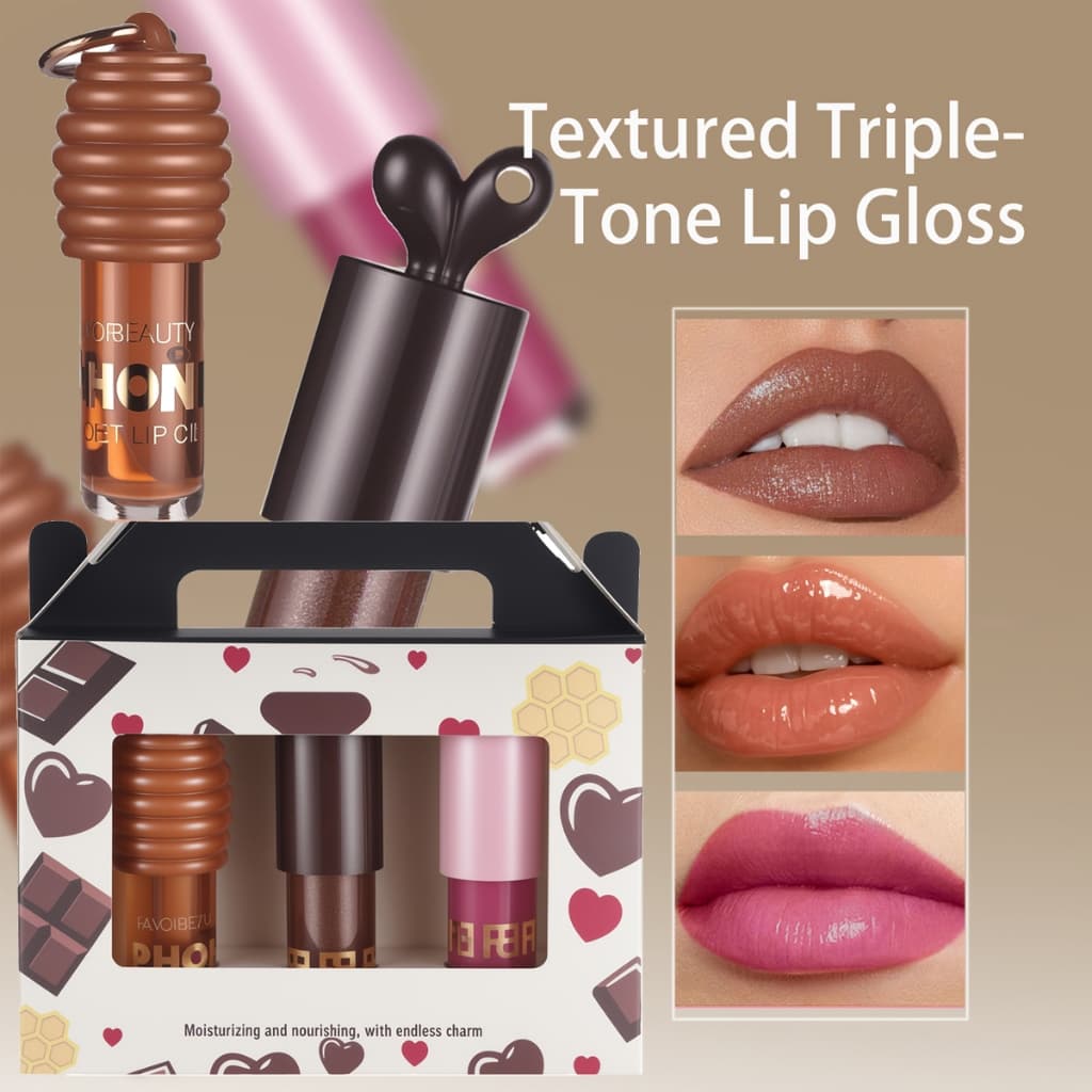 Conjunto De Brilho Labial Brilhante Coelho Rosa Chocolate Óleo labial brilhante Mel Óleo Hidratante