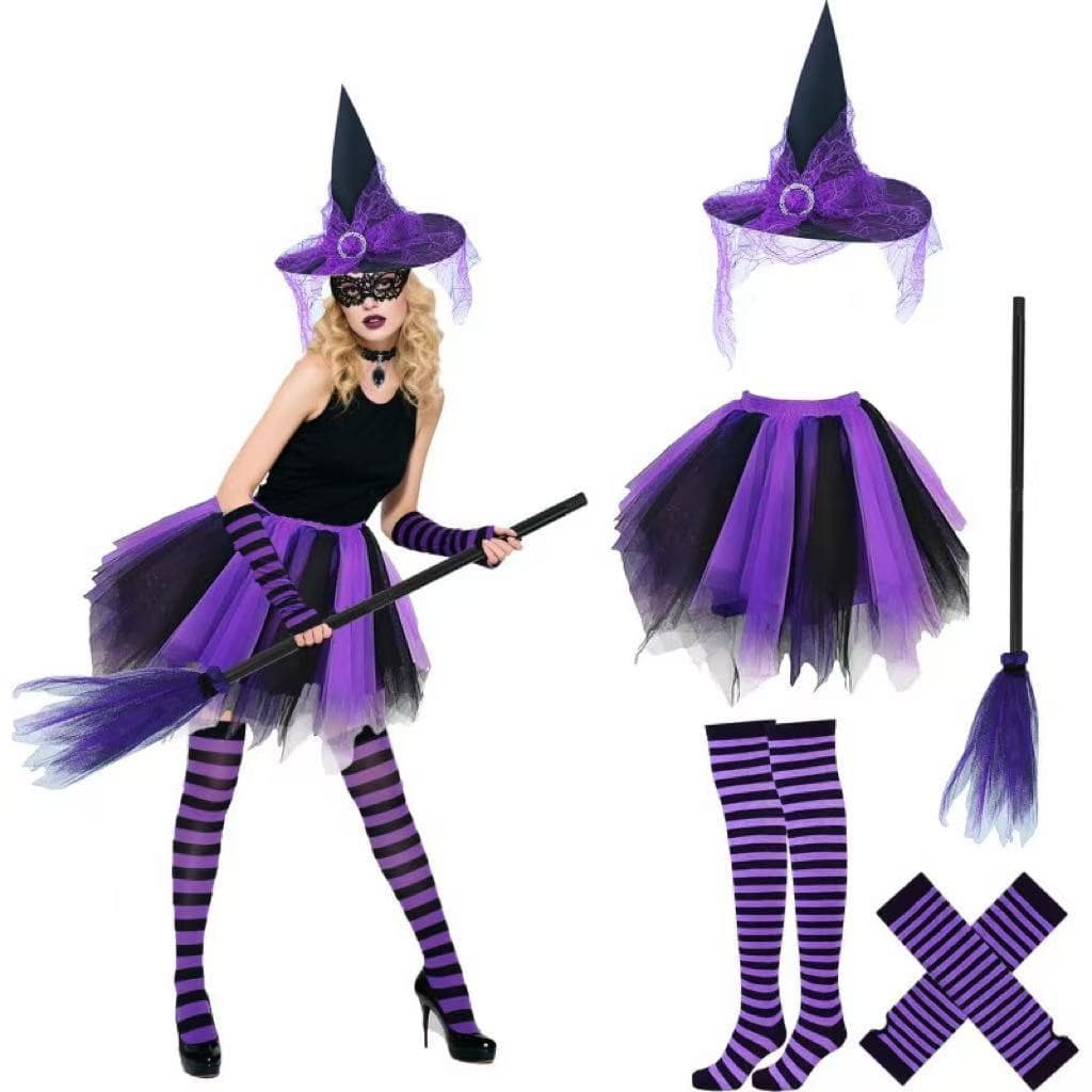 Mulher Halloween Bruxa Traje Chapéu Tule Tutu Saia Meias Varinha Cosplay Acessório