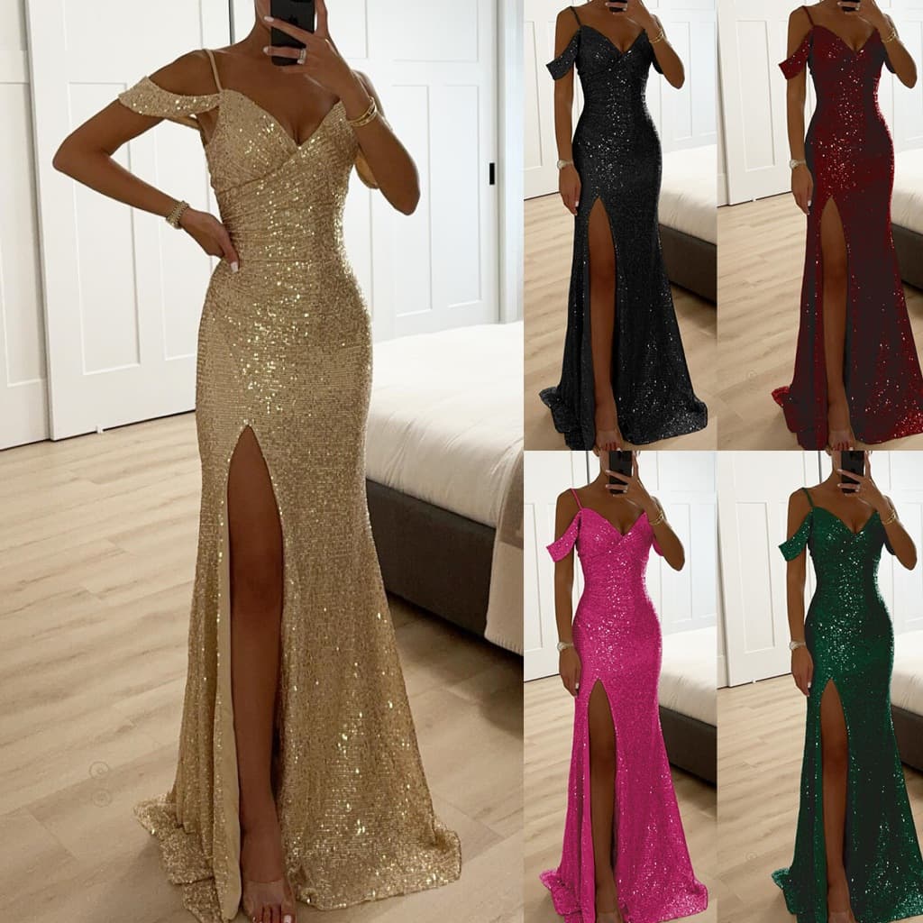 Vestido Feminino Com Fenda De Lantejoulas E Ombro De Fora Brilhante Sereia Sem Costas Vestidos Formais De Noite