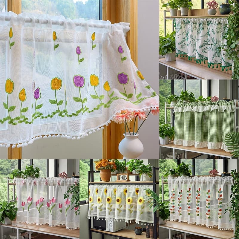 Cortina Curta Bordada De Flores Pequenas , Para Cozinha , Sala De Estar , Armário Divisória De Tule , Cortinas