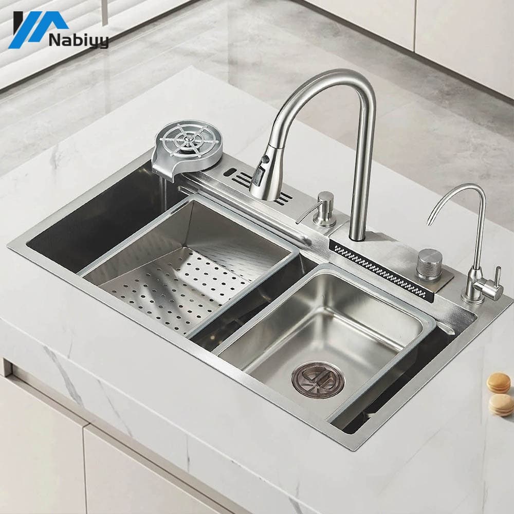 Pia Gourmet Cascata Com Torneira Lavadora De Vidro Completa Cor Preta Aço Inoxidável Flexível