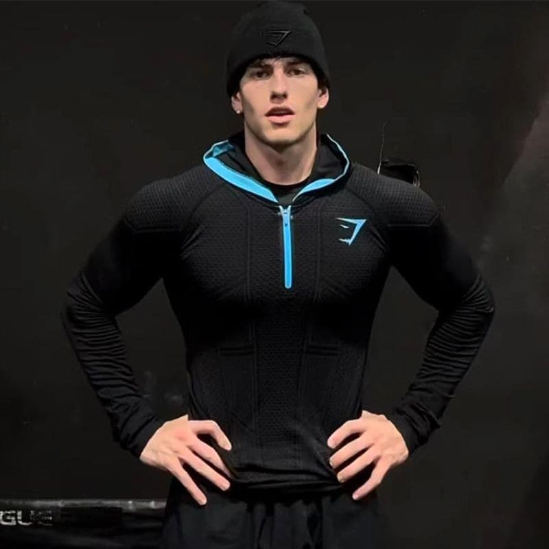 GYM Masculino Muscle Fitness Sports Hoodie Stretch De Secagem Rápida Manga Comprida Meio Zíper Com Capuz