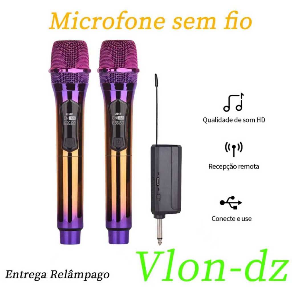 Microfone De Karaokê Sem Fio Recarregável Portátil Duplo UHF Dinâmico